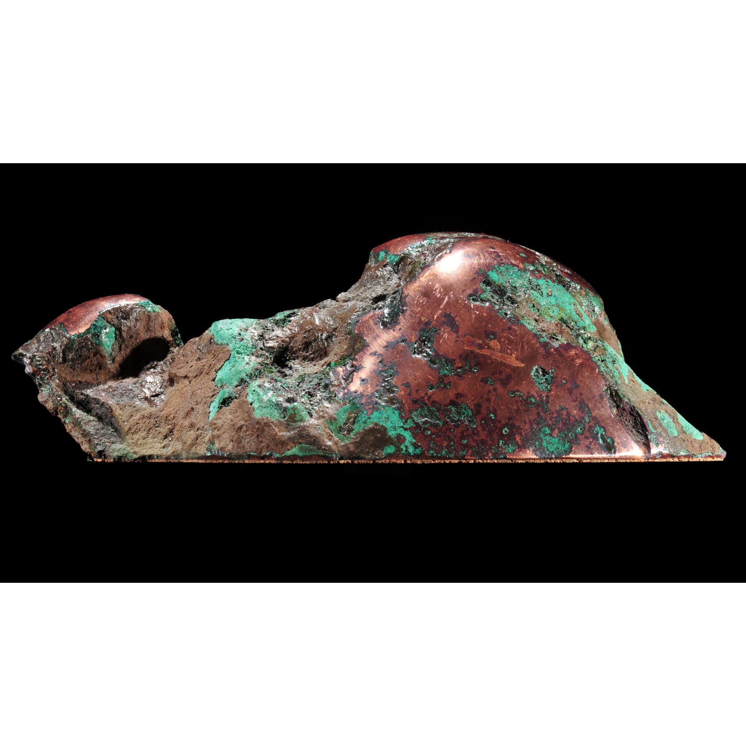 This is a picture of a piece of polished copper, exhibiting quite a bit of oxidization.