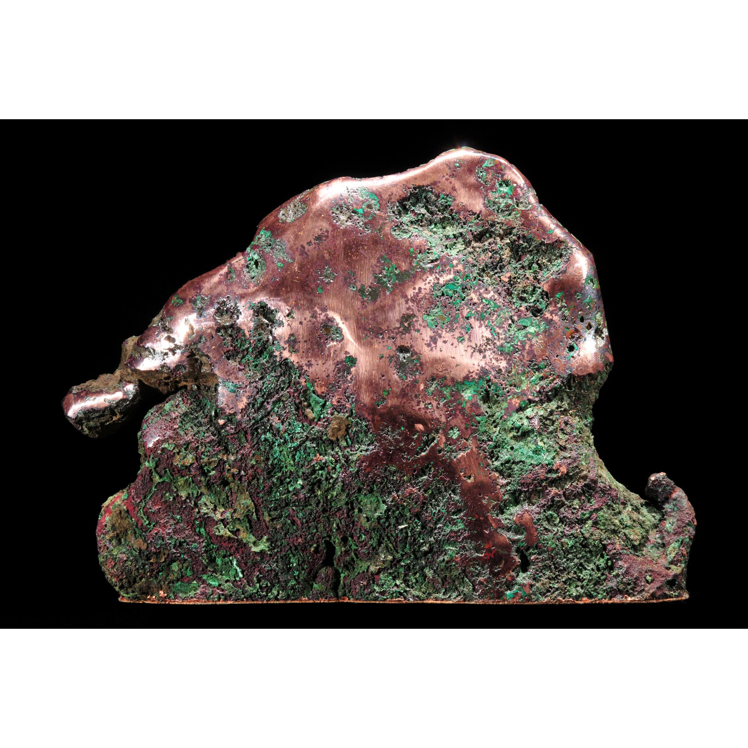 This is a picture of a piece of polished copper, containing a small amount of oxidization.