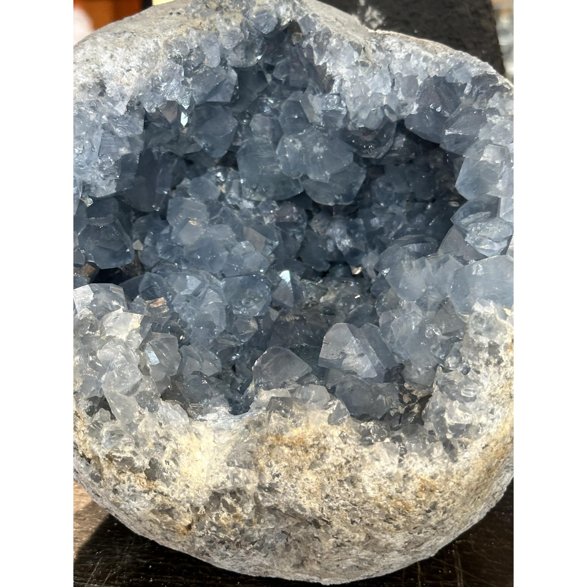 Celestite Geode, XL, gorgeous sky blue color Prehistoric Online