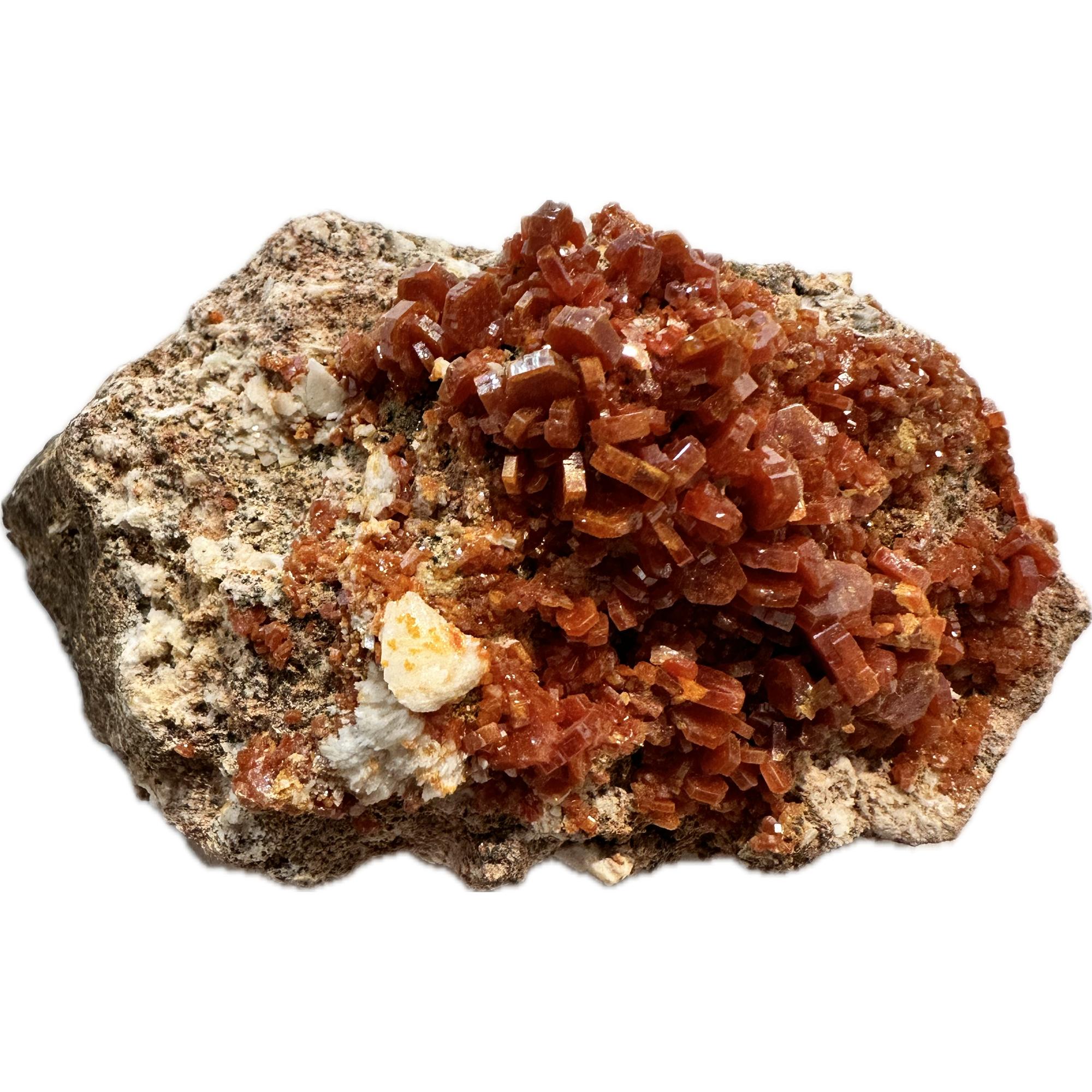 This is a picture of a vanadinite cluster. The crystals are a bright red color.