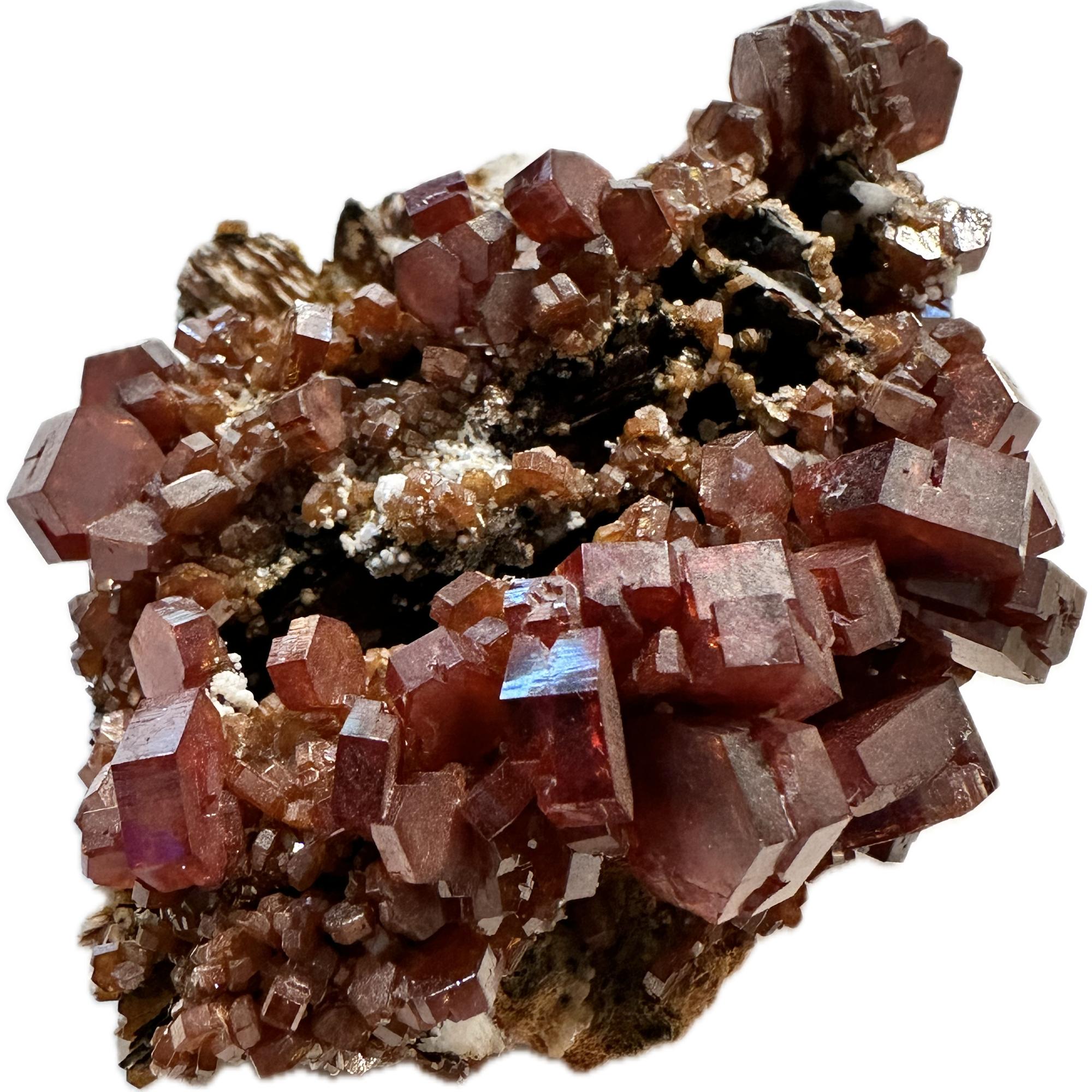 This is a very populated cluster of maroon-colored vanadinite.