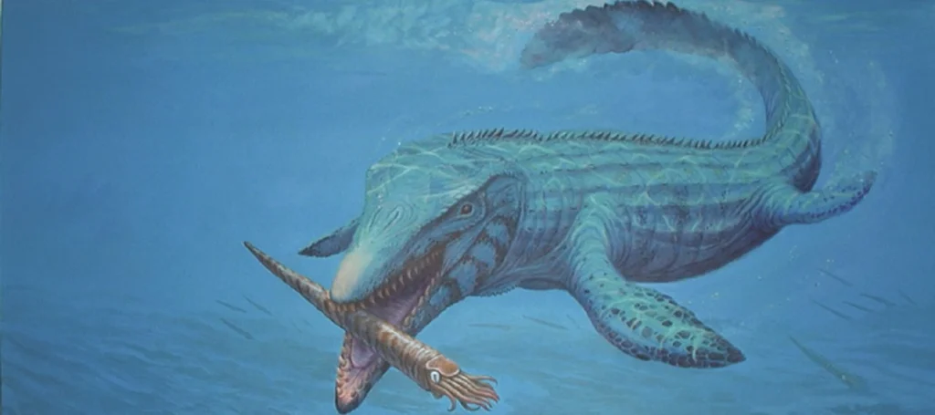 A depiction of a mosasaurus feeding on an orthoceras