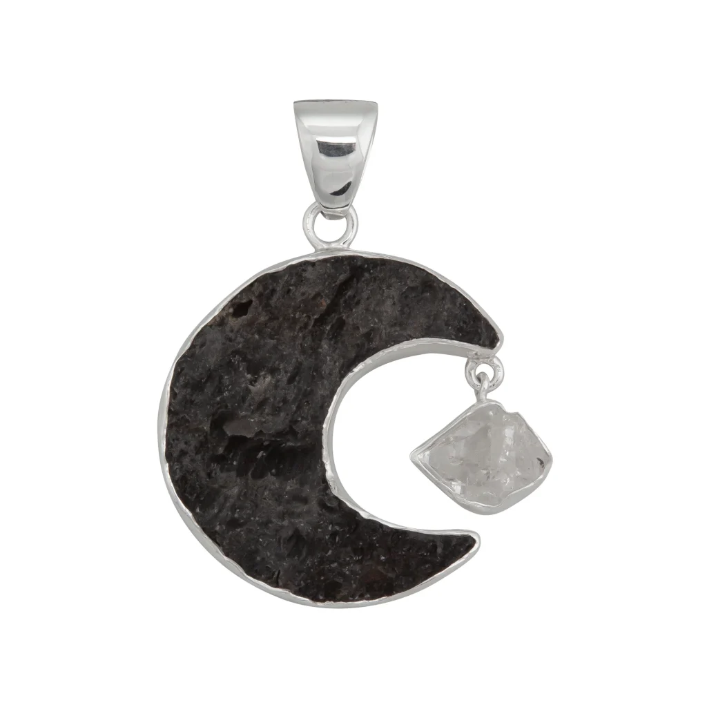 Tektite moon pendant with swinging herkimer diamond. This sterling silver pendant is crafted in sterling 925 silver