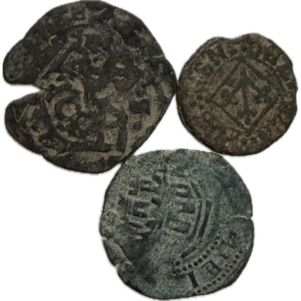 Three beautiful Spanish 17th century bronze cob coins.