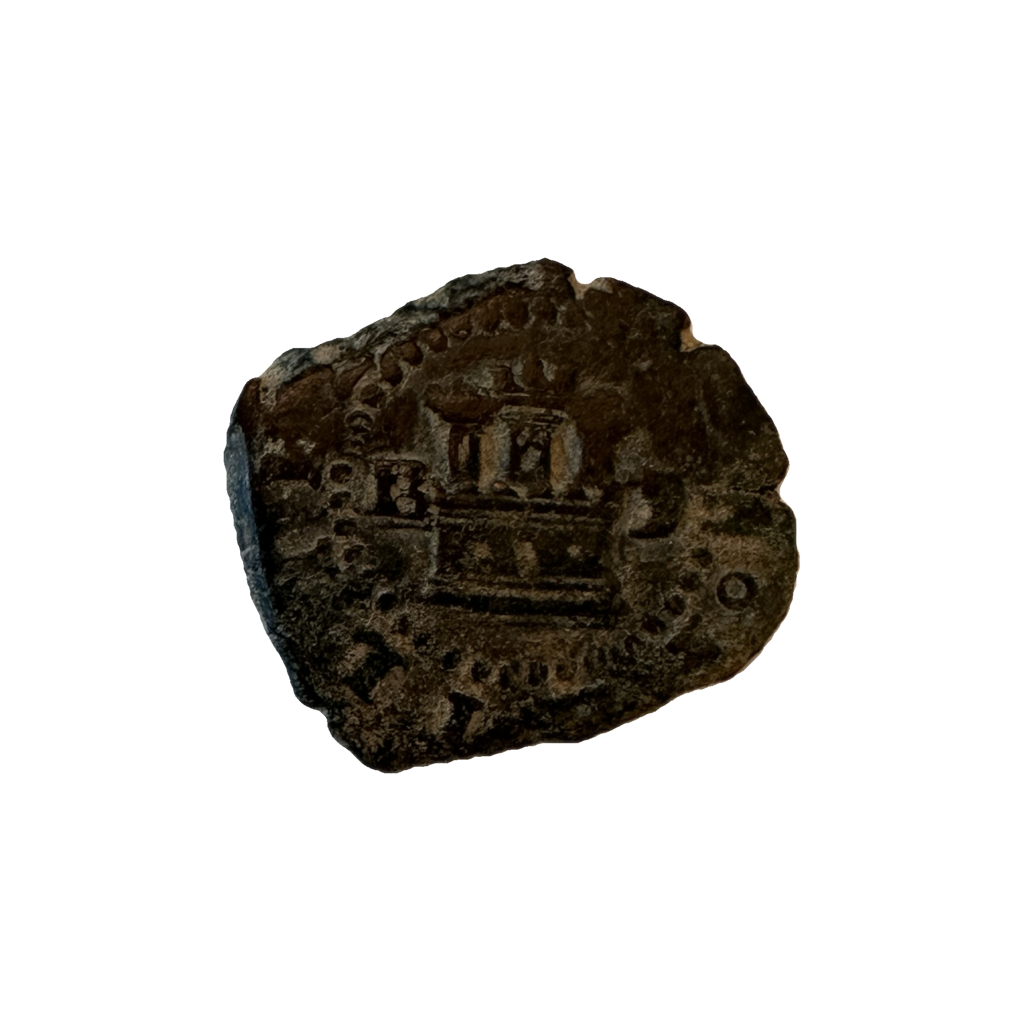 a bronze pirate coin with a great shape, beautiful patina, and exceptional detail. This spanish coin is from the 1600s