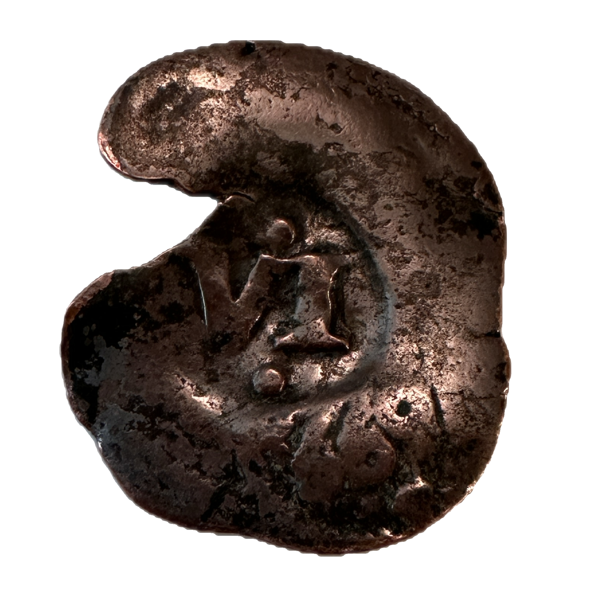 Unusual spanish copper shipwreck coin. This beautiful coin has a very large natural splitting from the hand hammering.